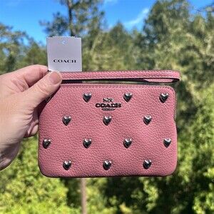 COACH Corner Zip Wristlet Wallet Peony Pink Pebbled Leather Silver Heart Rivets